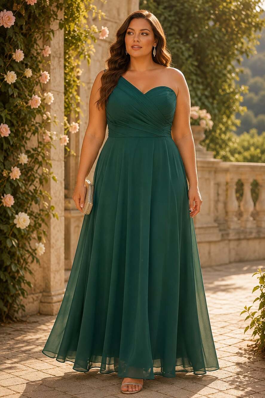 Ethel Chiffon One-Shoulder A-Line Bridesmaid Dress in Dark Emerald Size 16